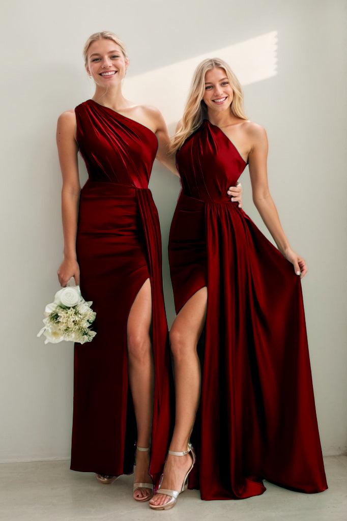 One Shoulder Satin Sheath Bridesmaid Dress with Split CB0808 - Mulberry - COCOMELODY